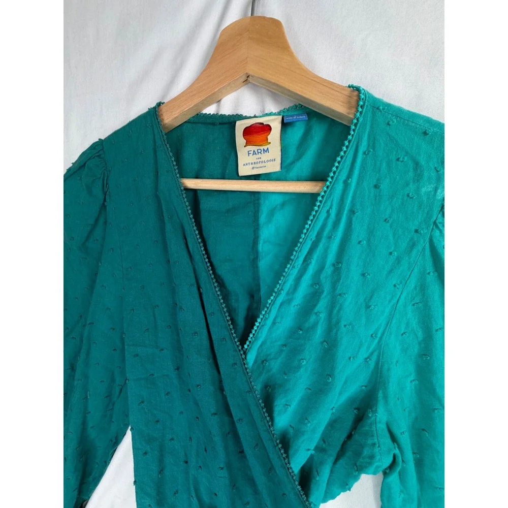 Farm Rio Anthropologie Wrap Top L Teal Green Swiss Dot Colorblock Puff Sleeve